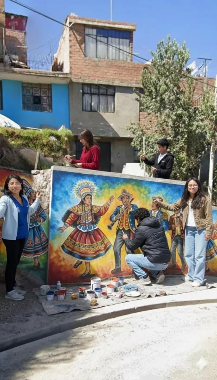 Estudiantes pintando un mural comunitario junto a vecinos del barrio
