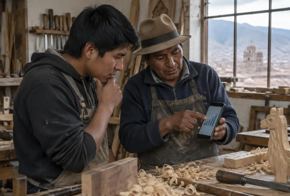 Joven carpintero revisa con un mentor un gráfico en el celular dentro de su taller